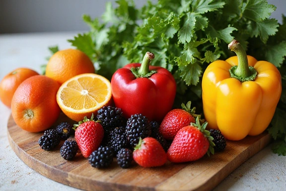 Assortment of fresh fruits and vegetables on a cutting board, symbolizing nutrition and healthy eating.