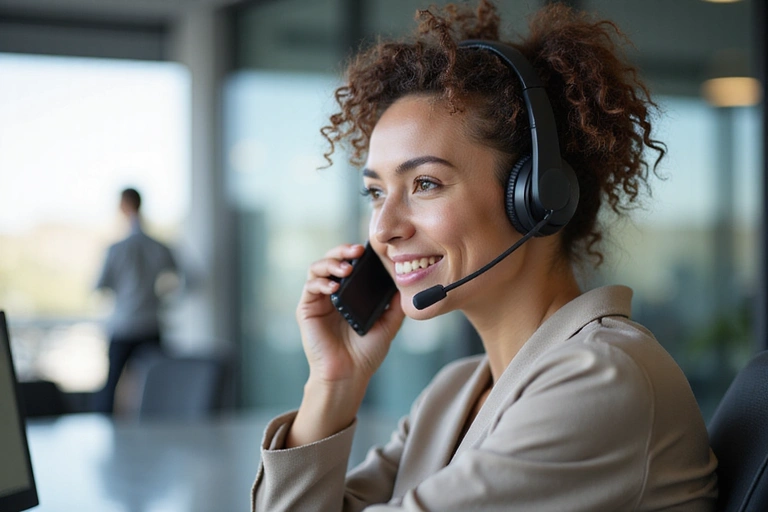 Customer service representative answering calls in a modern office, headset and computer screen