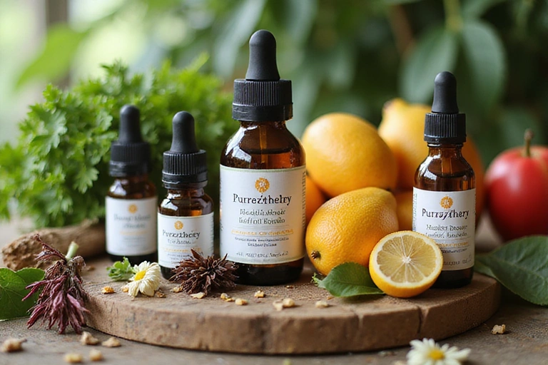 Natural ingredients for Purezthery products like herbs, fruits, and essential oils arranged aesthetically