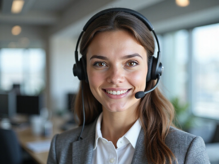 A customer service representative smiling and ready to help, symbolizing immediate assistance.